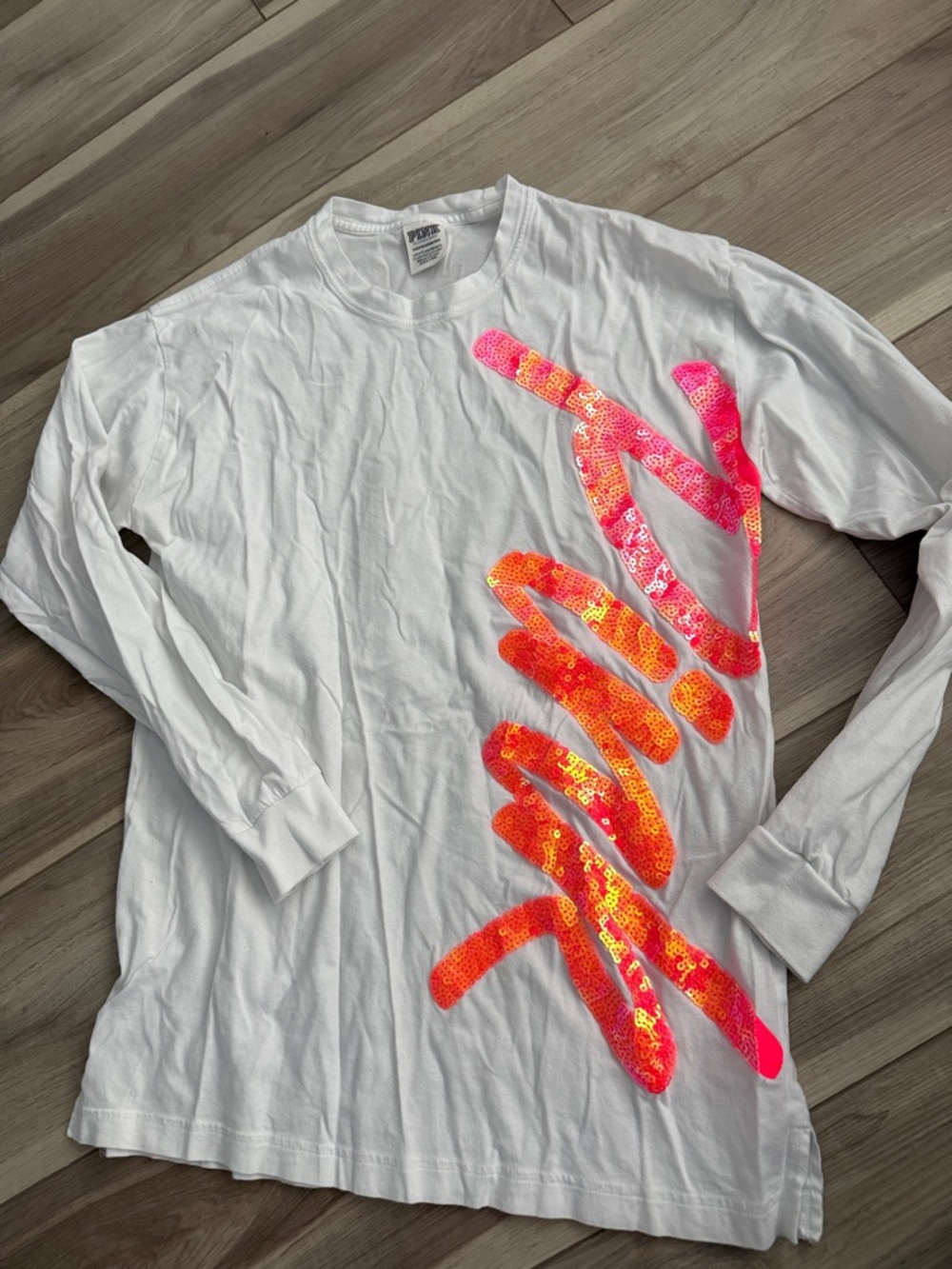 PINK Victoria's Secret White Long Sleeve Tee with Neon Pink & Orange Sequin Logo